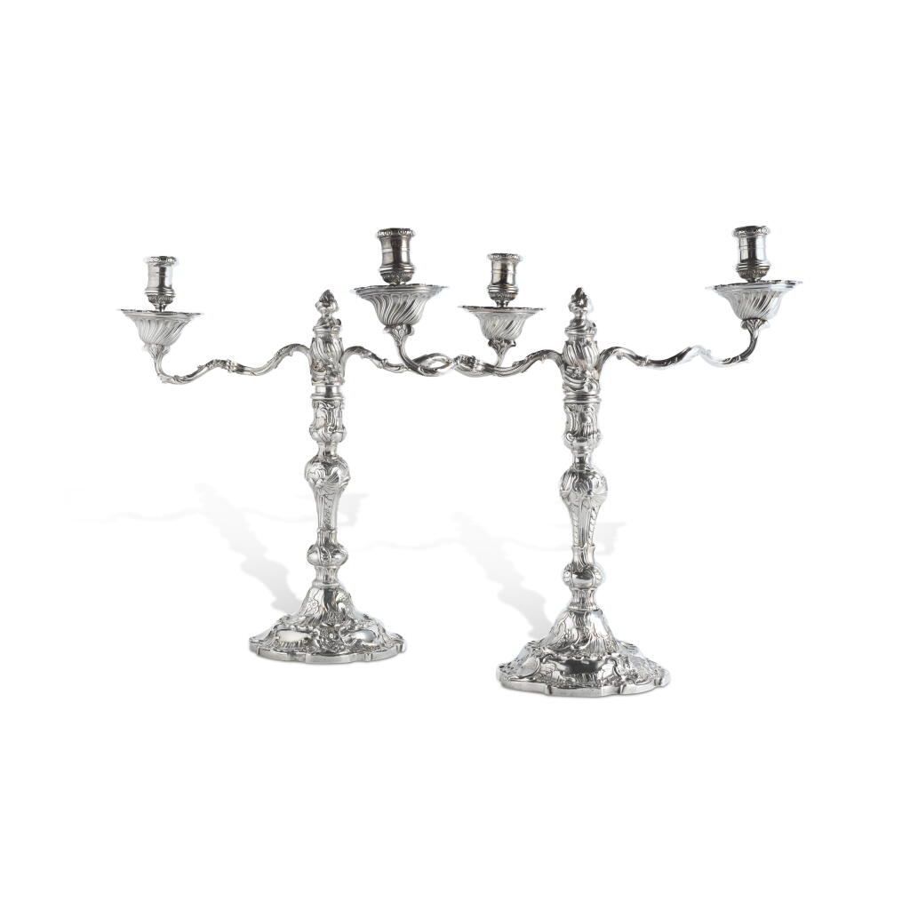 View full screen - View 1 of Lot 435. A Pair of George II Silver Two-Light Candelabra, Eliza Godfrey, London, 1742.
