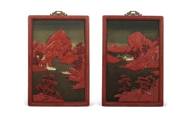 View full screen - View 1 of Lot 232. A pair of large embellished carved wood polychrome lacquer panels, Qing dynasty, 18th / 19th century | 清十八 / 十九世紀 木雕罩漆鑲玉石山水人物圖大掛屏一對.
