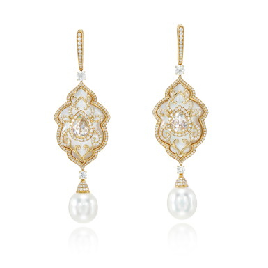 View full screen - View 1 of Lot 253. Cultured pearl, mother of pearl and diamond earrings.