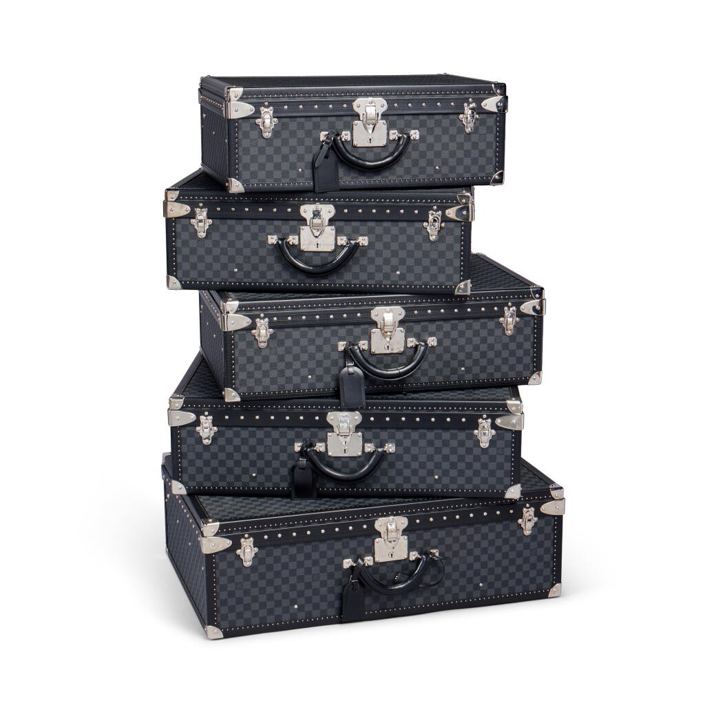 View full screen - View 1 of Lot 37. Set of Five Vintage Graphite Damier Canvas Alzer Trunks Silver Hardware.