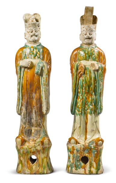 View full screen - View 1 of Lot 1106. A PAIR OF SANCAI-GLAZED POTTERY FIGURES OF OFFICIALS , TANG DYNASTY.