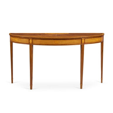 View full screen - View 1 of Lot 139. A George III Mahogany, Satinwood and Marquetry Demilune Pier Table, Circa 1785.