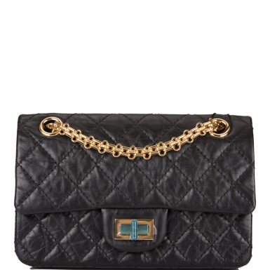 View full screen - View 1 of Lot 105. Chanel Black Quilted Mini Reissue 2.55 Flap Bag of Aged Calfksin Leather with Gold Tone Hardware.