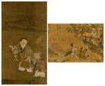 Two paintings of boys and scholar | 佚名《嬰戲圖》設色絹本 鏡框 及 (款)邊景昭《高士童子》設色絹本一組兩件