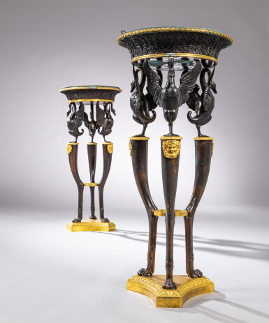 View full screen - View 1 of Lot 115. A pair of Empire style gilt and patinated bronze mounted jardinières | Paire de jardinières en bronze patiné et bronze doré de style Empire.