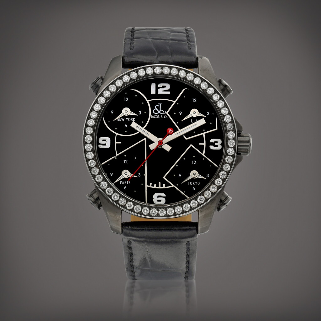 View full screen - View 1 of Lot 999. The Five Time Zones | A PVD-coated stainless steel and diamond-set quintuple time zone wristwatch, Circa 2008 | The Five Time Zones | PVD 塗層處理精鋼鑲鑽石五地時間腕錶,約2008年製.