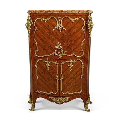 View full screen - View 1 of Lot 9. A LOUIS XV STYLE GILT-BRONZE MOUNTED MAHOGANY, ROSEWOOD MARQUETRY SECRÉTAIRE À ABATTANT, CIRCA 1890.