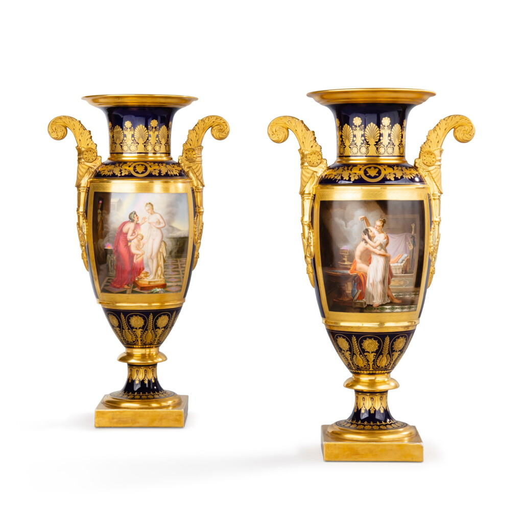 View full screen - View 1 of Lot 515. A pair of Paris porcelain two handled ovoid vases, circa 1825.