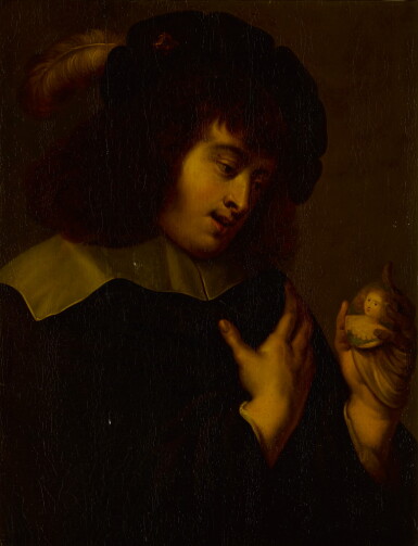 View full screen - View 1 of Lot 212. Portrait of a gentleman holding a miniature portrait of a lady.