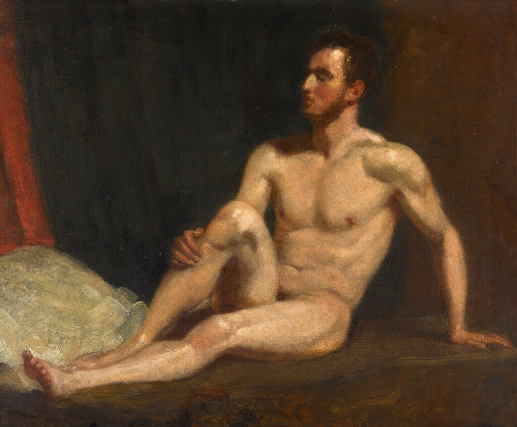 View full screen - View 1 of Lot 115. Male nude seated on a bed.