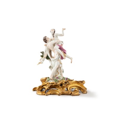 View full screen - View 1 of Lot 146. A Louis XV gilt-bronze mounted Meissen group of the Abduction of a Sabine Woman, the Meissen group circa 1750, the gilt-bronze with a crowned C, 1745-1749.