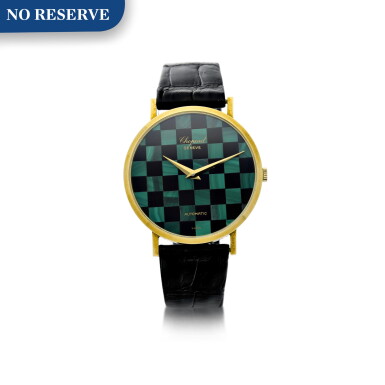 View full screen - View 1 of Lot 220. REFERENCE 1038/1 A GOLD WRISTWATCH WITH MALACHITE AND ONYX CHECKERBOARD DIAL, MATCHING GOLD AND STONE CUFFLINKS, CIRCA 1990’S.