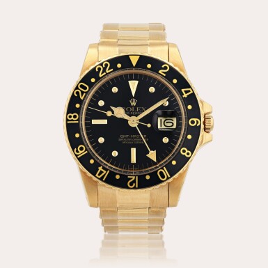 View full screen - View 1 of Lot 413. GMT-Master, 'Nipple Dial' reference 1675 Montre bracelet en or jaune avec date | Yellow gold wristwatch with date and bracelet Vers 1979 | Circa 1979.
