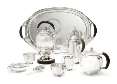 View full screen - View 1 of Lot 435. A Six Piece Danish Silver Coffee and Tea Service Set on Tray, No. 32, Designed by Georg Jensen, Georg Jensen Silversmithy, 1933-44.