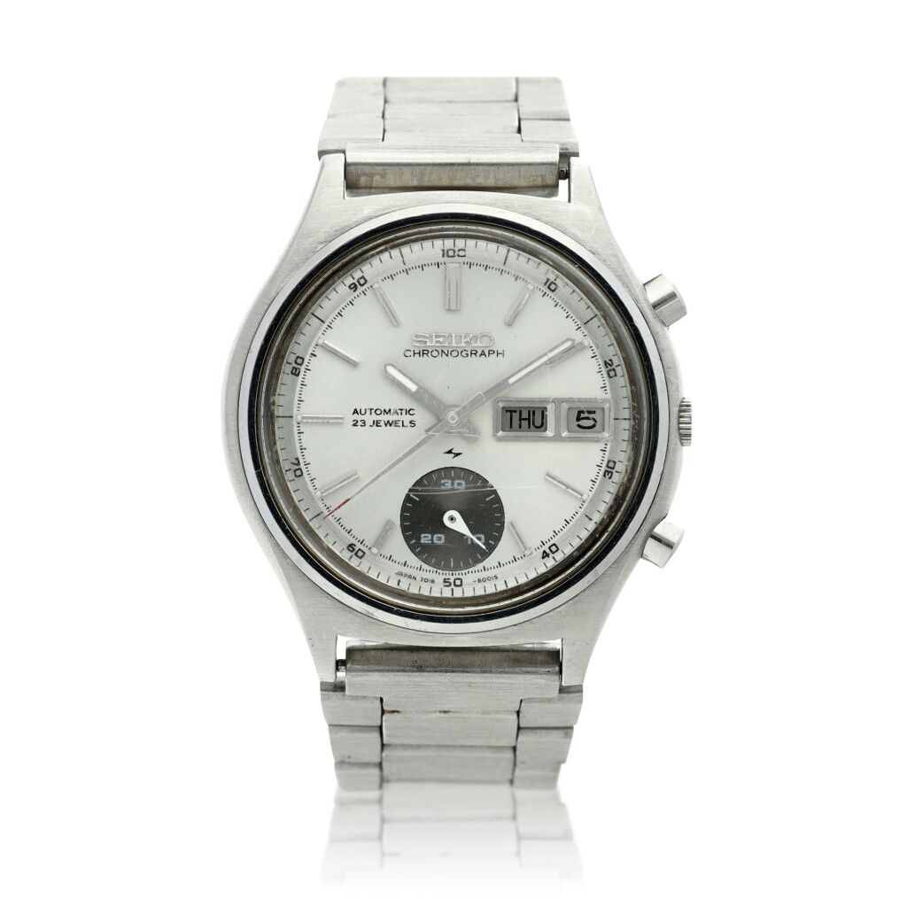 View full screen - View 1 of Lot 134. Reference 7018-8000 'One Eyed Panda' A stainless steel automatic chronograph wristwatch with day and date, Circa 1971 .