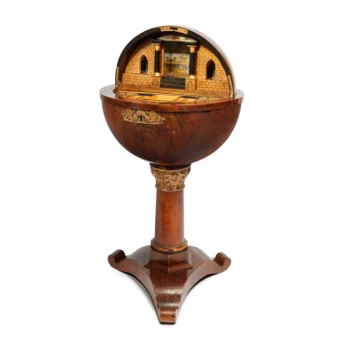View full screen - View 1 of Lot 150. An Austrian Biedermeier Gilt Brass Mounted Walnut, Maple, Sycamore and Ebonised Walnut Globe Table (Globustisch), Vienna, Circa 1820.