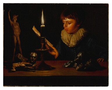 View full screen - View 1 of Lot 536. Boy behind a table with statuettes reading by candlelight.