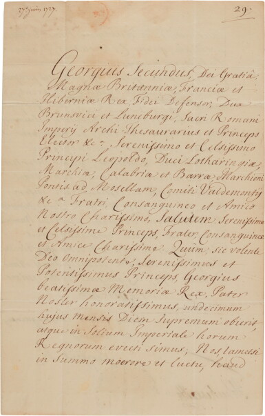 View full screen - View 1 of Lot 23. King George II | Letter signed, announcing the death of his father King George I, 27 June 1727.