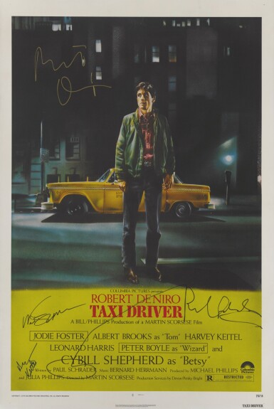 View full screen - View 1 of Lot 54. TAXI DRIVER (1976) POSTER, US, SIGNED BY MARTIN SCORSESE; ROBERT DE NIRO; HARVEY KEITEL AND PAUL SCHRADER.