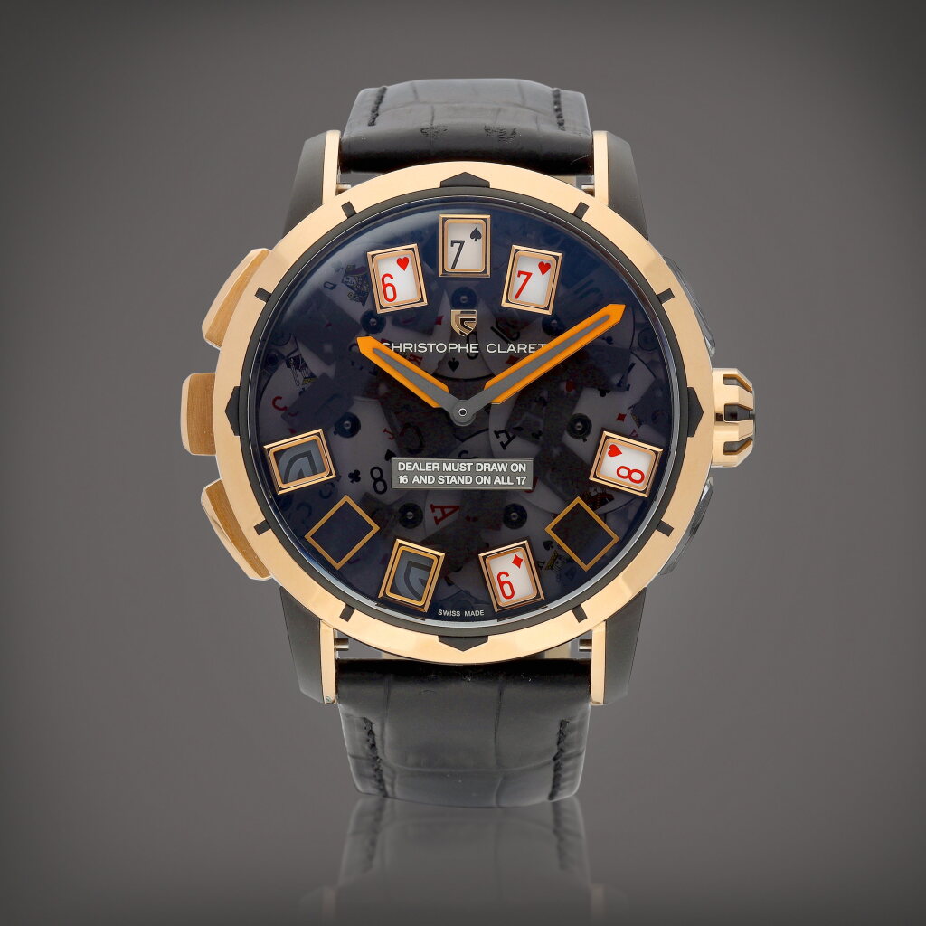 View full screen - View 1 of Lot 2162. Blackjack 21, Reference BLJ08 | A limited edition pink gold and PVD-Coated titanium wristwatch with striking hammer, cathedral gong and three casino games, Circa 2020 | Christophe Claret | Blackjack 21 型號BLJ08 | 限量版粉紅金PVD塗層處理鈦金屬腕錶,備音槌、大教堂音簧及三款賭場遊戲,約2020年製.