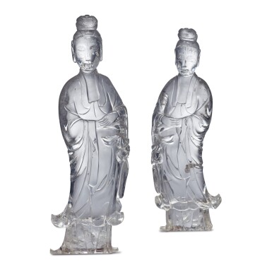 View full screen - View 1 of Lot 642. A PAIR OF CHINESE ROCK CRYSTAL FIGURES OF GUANYIN, 20TH CENTURY.