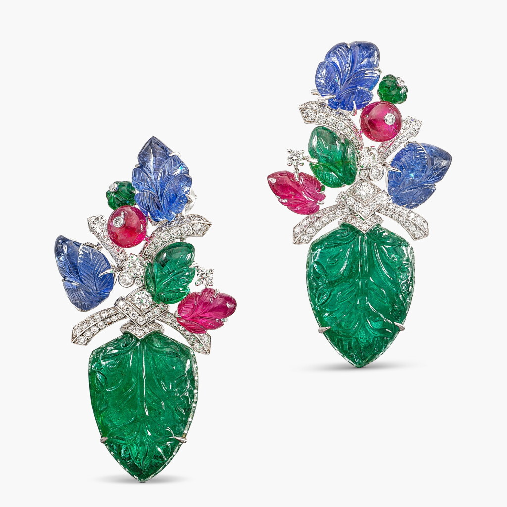 View full screen - View 1 of Lot 1823. Pair of Coloured Stone and Diamond 'Tutti Frutti' Pendent Earrings | 卡地亞 | 寶石 配 鑽石「水果錦囊」耳墜一對.