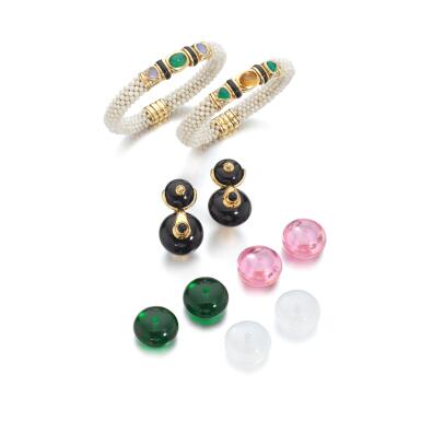 View full screen - View 1 of Lot 833. Pair of gem set and diamond bangle, ‘Najwa’, circa 1986, and a pair of earrings, ‘Pneu’.