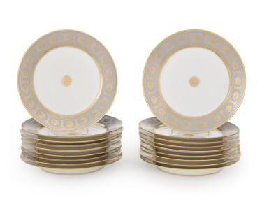 View full screen - View 1 of Lot 81. THIRTY-SIX SÈVRES FOND BLEU AGATE PLATES, 1892-4.