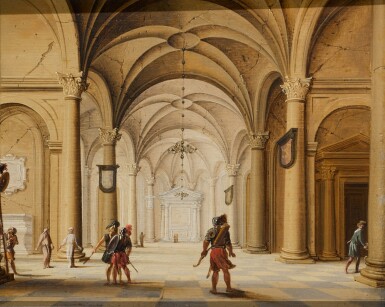 View full screen - View 1 of Lot 43. JAN VAN DER VUCHT | The interior of a cathedral with soldiers in the foreground.