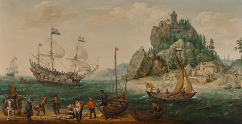 View full screen - View 1 of Lot 3. Dutch vessels and fishermen on a rocky coast.