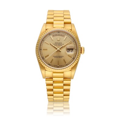 View full screen - View 1 of Lot 31. Day-Date, Ref. 18038 | A yellow gold wristwatch with day, date and bracelet | Circa 1995.