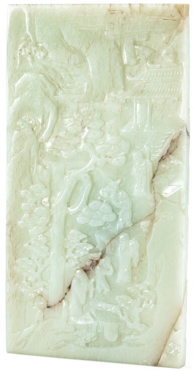 View full screen - View 1 of Lot 49. PLAQUE EN JADE CÉLADON DYNASTIE QING, XVIIIE-XIXE SIÈCLE | 清十八至十九世紀 青白玉福祿壽三星圖插屏 | A carved pale celadon jade plaque, Qing Dynasty, 18th/19th century.