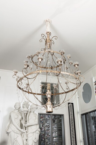 View full screen - View 1 of Lot 4. A silver patinated metal, silver-gilt wood and blown glass chandelier, probably Tuscan, early 19th century | Lustre en metal, bois argentés et verre soufflé, travail probablement toscan, début du XIXe siècle.