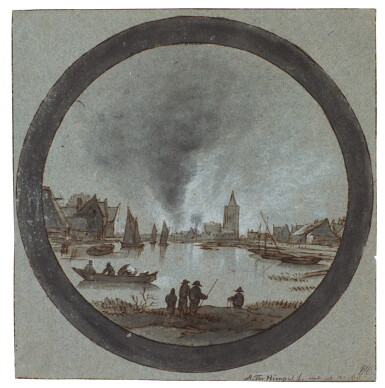 View full screen - View 1 of Lot 123. River landscape with a burning village.