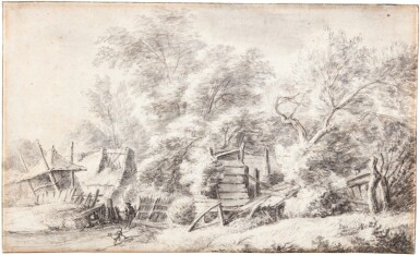 View full screen - View 1 of Lot 96. ANTHONIE WATERLOO | A MAN AND DOG BY RAMSHACKLE FARM BUILDINGS, AT THE EDGE OF WOODS.