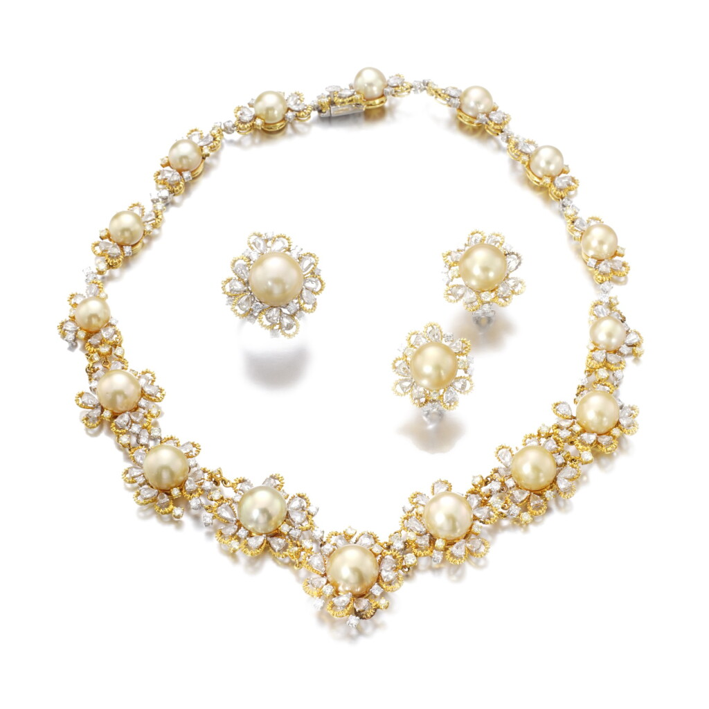 View full screen - View 1 of Lot 67. CULTURED PEARL AND DIAMOND PARURE.