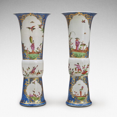 View full screen - View 1 of Lot 50. A very rare pair of Meissen Augustus Rex underglaze-blue-ground beaker vases, Circa 1725-30.