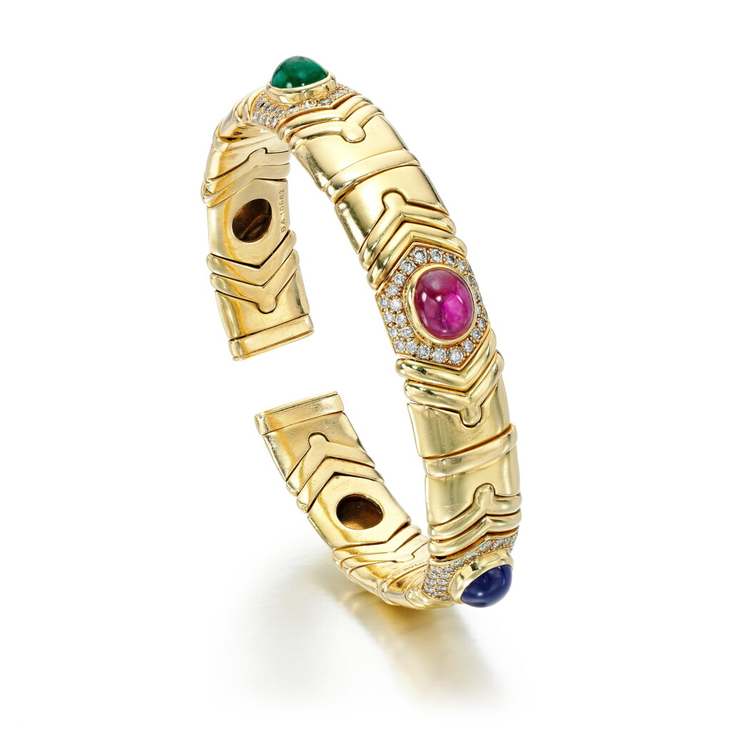 View full screen - View 1 of Lot 67. BULGARI | GEM SET AND DIAMOND BANGLE, 'PARENTESI'.