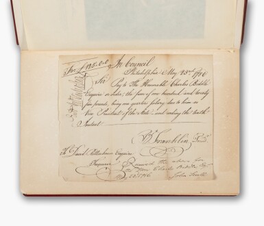 View full screen - View 1 of Lot 155. Benjamin Franklin | Franklin's autobiography, extra-illustrated with a signed document, autograph letters, engraved portraits, and more.