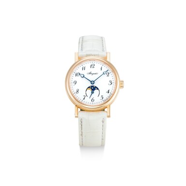 View full screen - View 1 of Lot 614. BREGUET | CLASSIQUE, REFERENCE 9087 A PINK GOLD WRISTWATCH WITH MOON PHASES AND ENAMEL DIAL, CIRCA 2019.