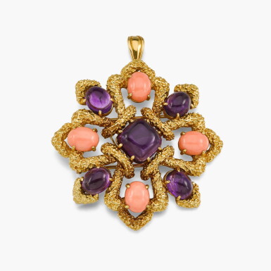 View full screen - View 1 of Lot 133. Coral and Amethyst Brooch/Pendant, 'Delphes'.