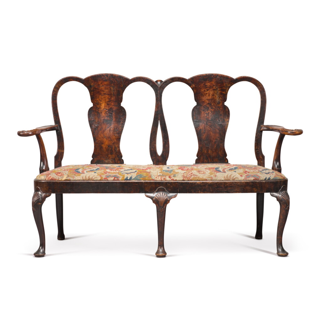 View full screen - View 1 of Lot 76. A George I walnut and burr walnut double chairback settee, circa 1725.