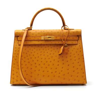 View full screen - View 1 of Lot 315. Saffron Sellier Kelly 35 in Ostrich Leather with Gold Hardware, 1996.