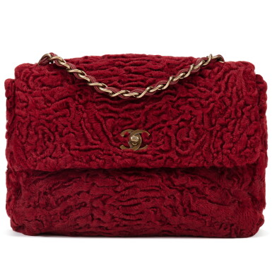 View full screen - View 1 of Lot 641. Frances Patiky Stein's Collection: Red Wool Flap Bag Bronze Metal Hardware.