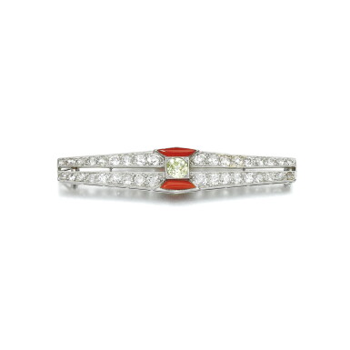View full screen - View 1 of Lot 13. CORAL AND DIAMOND BROOCH, JANESICH, 1920S.