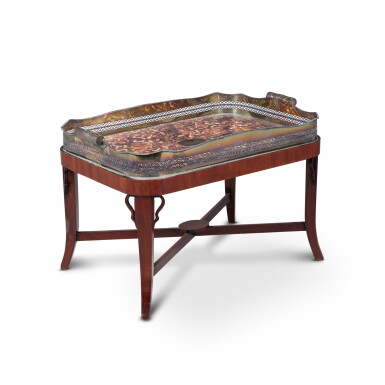 View full screen - View 1 of Lot 359. A George III Style Silver Plate and Simulated Tortoiseshell Tray on Stand, the Tray Early 20th Century, the Stand Later.