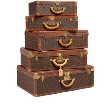 View full screen - View 1 of Lot 10. Set of Five Vintage Monogram Canvas Alzer Trunks Brass Hardware.