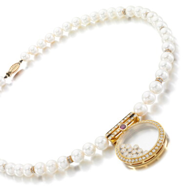 View full screen - View 1 of Lot 30. Cultured pearl, ruby and diamond necklace.