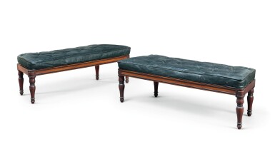 View full screen - View 1 of Lot 61. A PAIR OF IRISH REGENCY MAHOGANY AND EBONISED WINDOW BENCHES, CIRCA 1805.