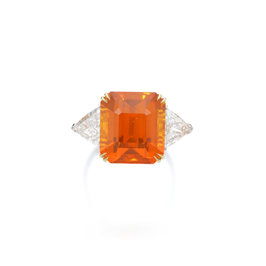 View full screen - View 1 of Lot 801. Orange sapphire and diamond ring.